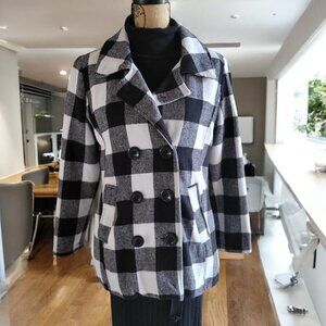 Black & White Plaid Double-Breasted Peacoat Jacket By Me Jane M